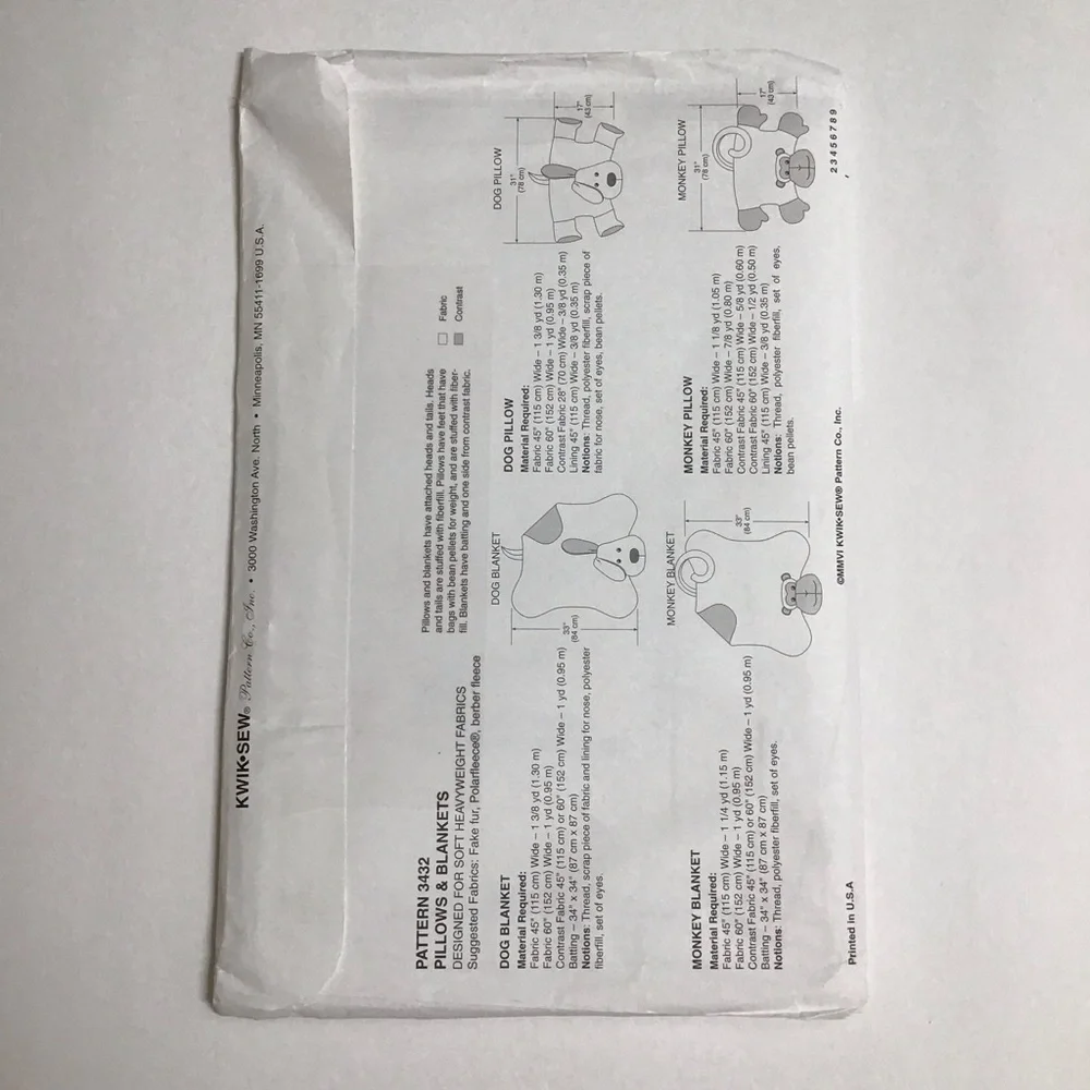 Kwik Sew Child’s PILLOWS BLANKETS Sewing Pattern Dog Monkey 2006 FF UNCUT NEW